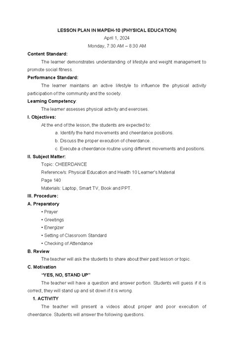 Lesson Plan in Mapeh Cheerdance .
